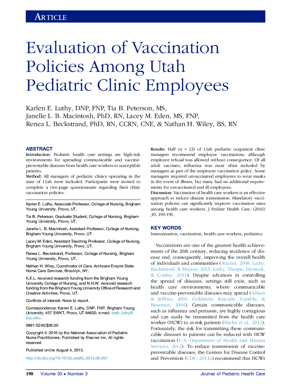 Evaluation of Vaccination Policies Among Utah Pediatric Clinic Employees 