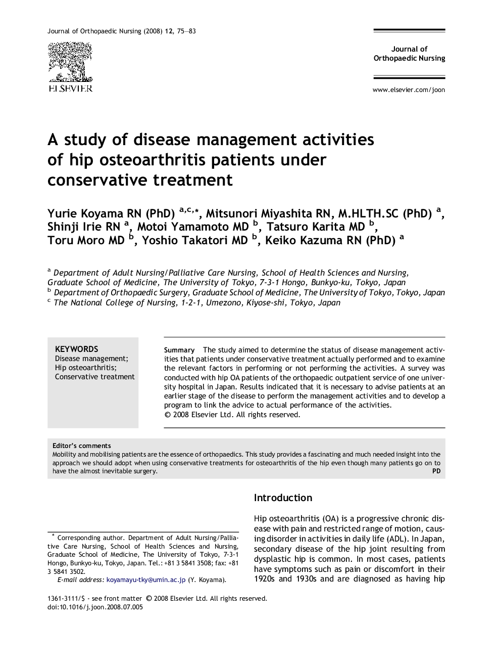 A study of disease management activities of hip osteoarthritis patients under conservative treatment