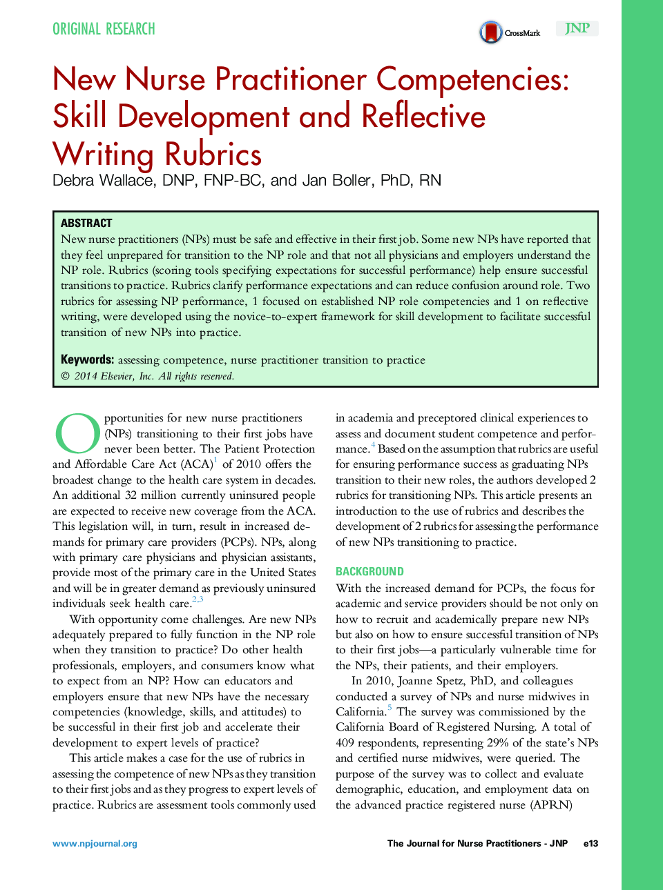 New Nurse Practitioner Competencies: Skill Development and Reflective Writing Rubrics 