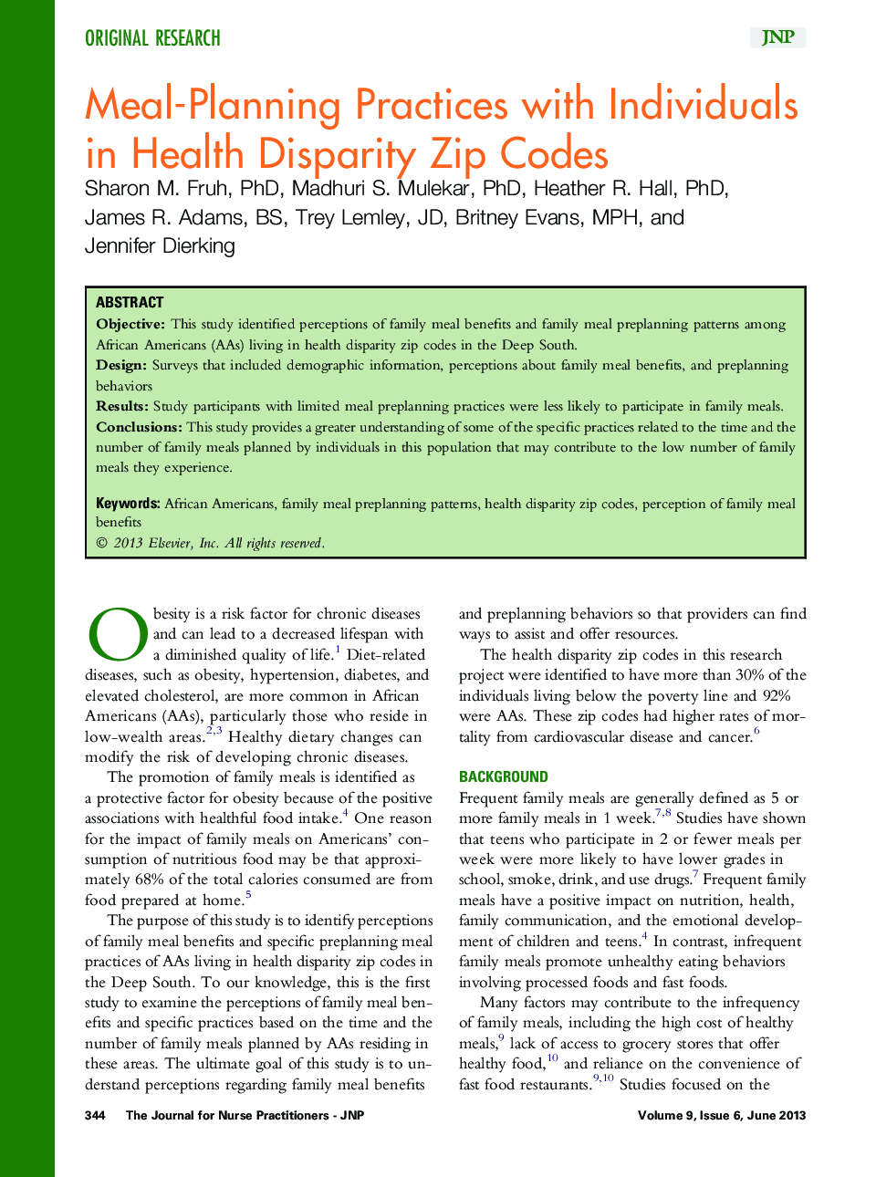 Meal-Planning Practices with Individuals in Health Disparity Zip Codes 