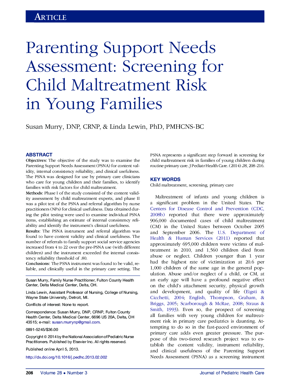 Parenting Support Needs Assessment: Screening for Child Maltreatment Risk in Young Families 