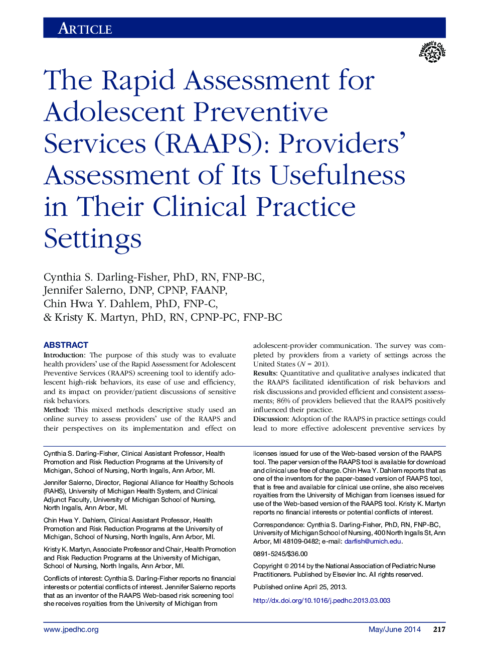 The Rapid Assessment for Adolescent Preventive Services (RAAPS): Providers’ Assessment of Its Usefulness in Their Clinical Practice Settings 