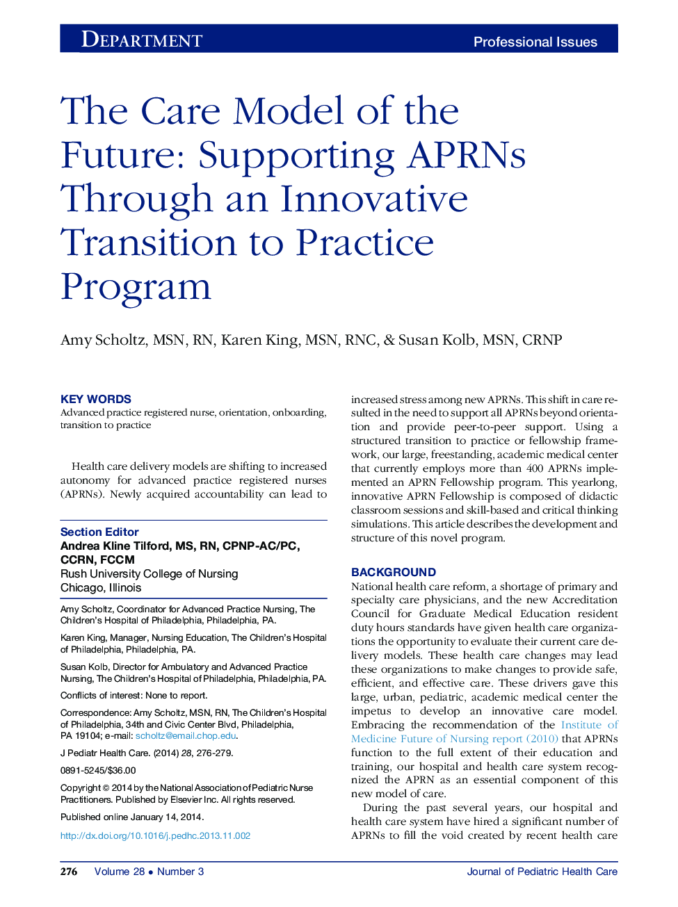 The Care Model of the Future: Supporting APRNs Through an Innovative Transition to Practice Program