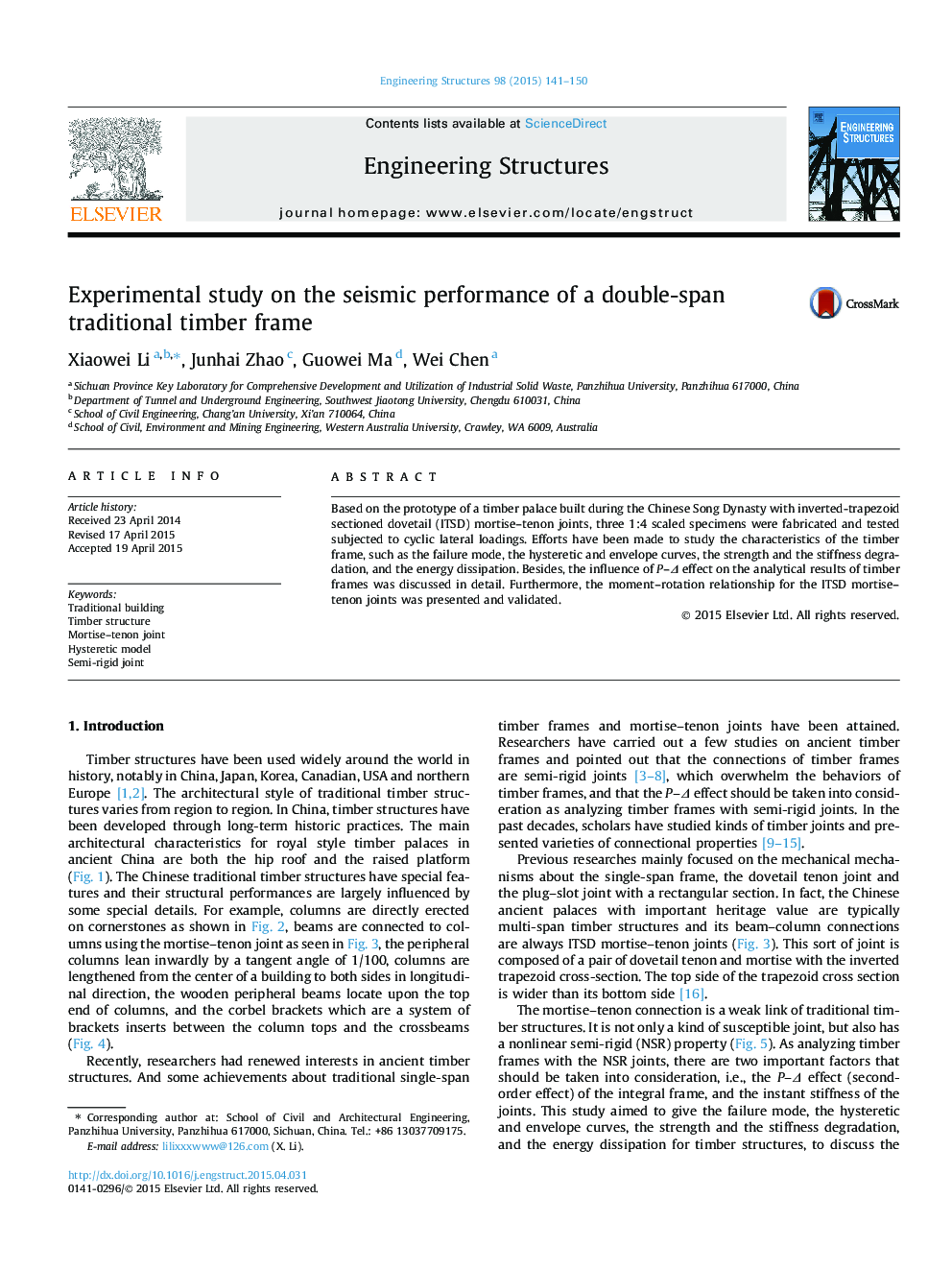 Experimental study on the seismic performance of a double-span traditional timber frame