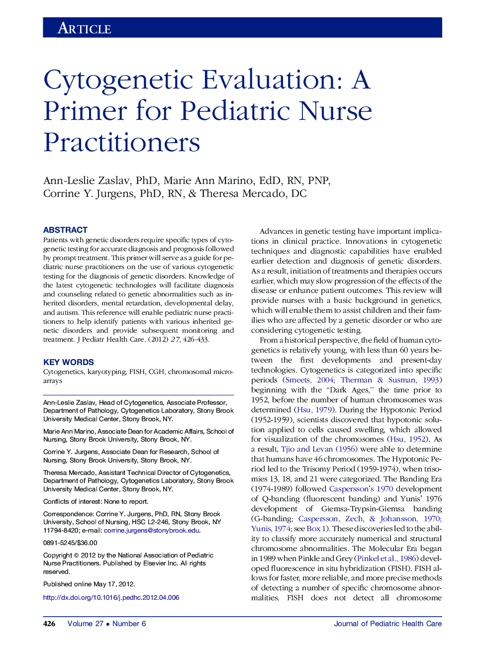 Cytogenetic Evaluation: A Primer for Pediatric Nurse Practitioners 