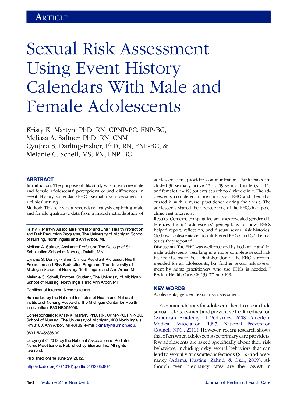 Sexual Risk Assessment Using Event History Calendars With Male and Female Adolescents 