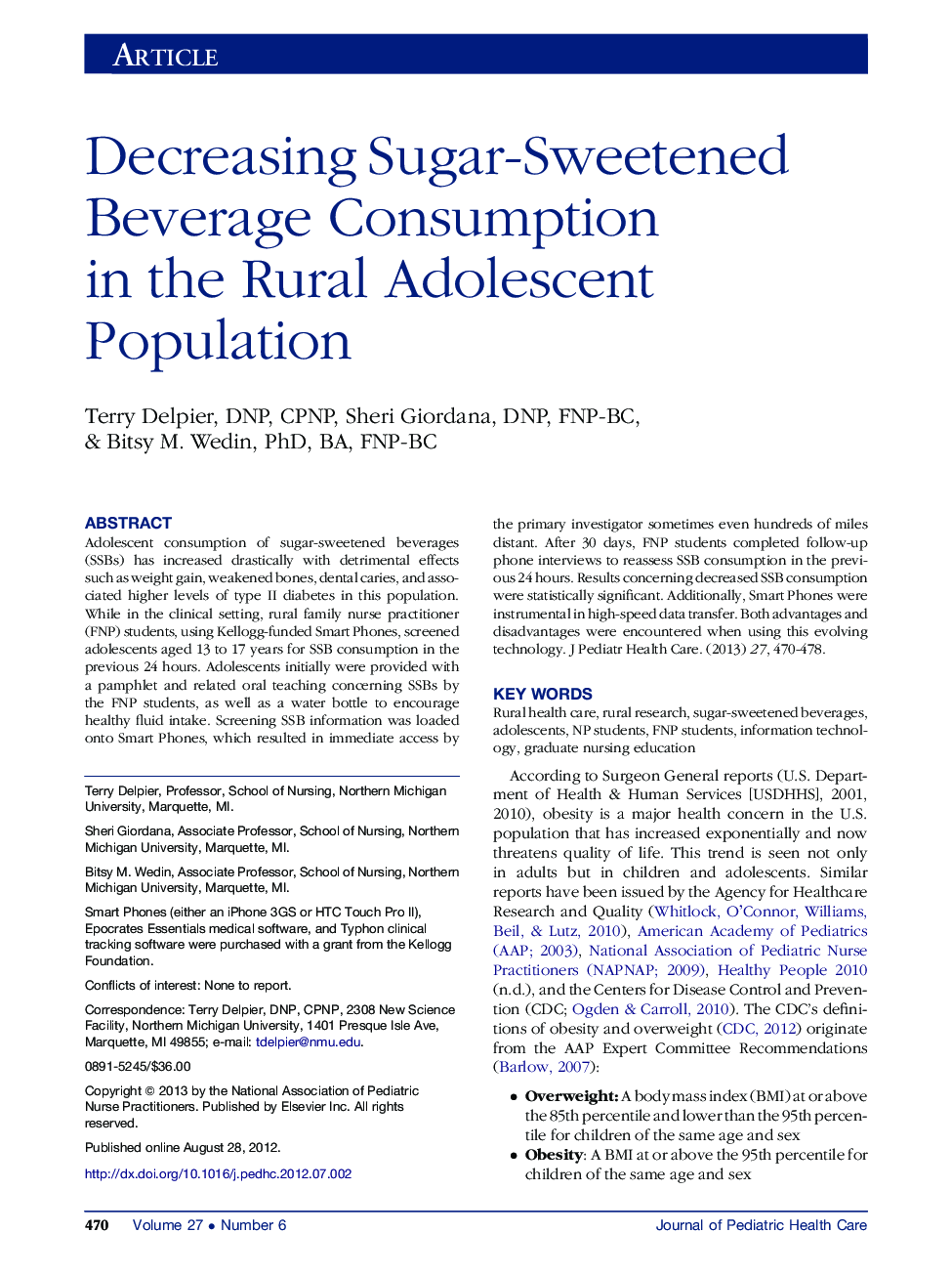 Decreasing Sugar-Sweetened Beverage Consumption in the Rural Adolescent Population 