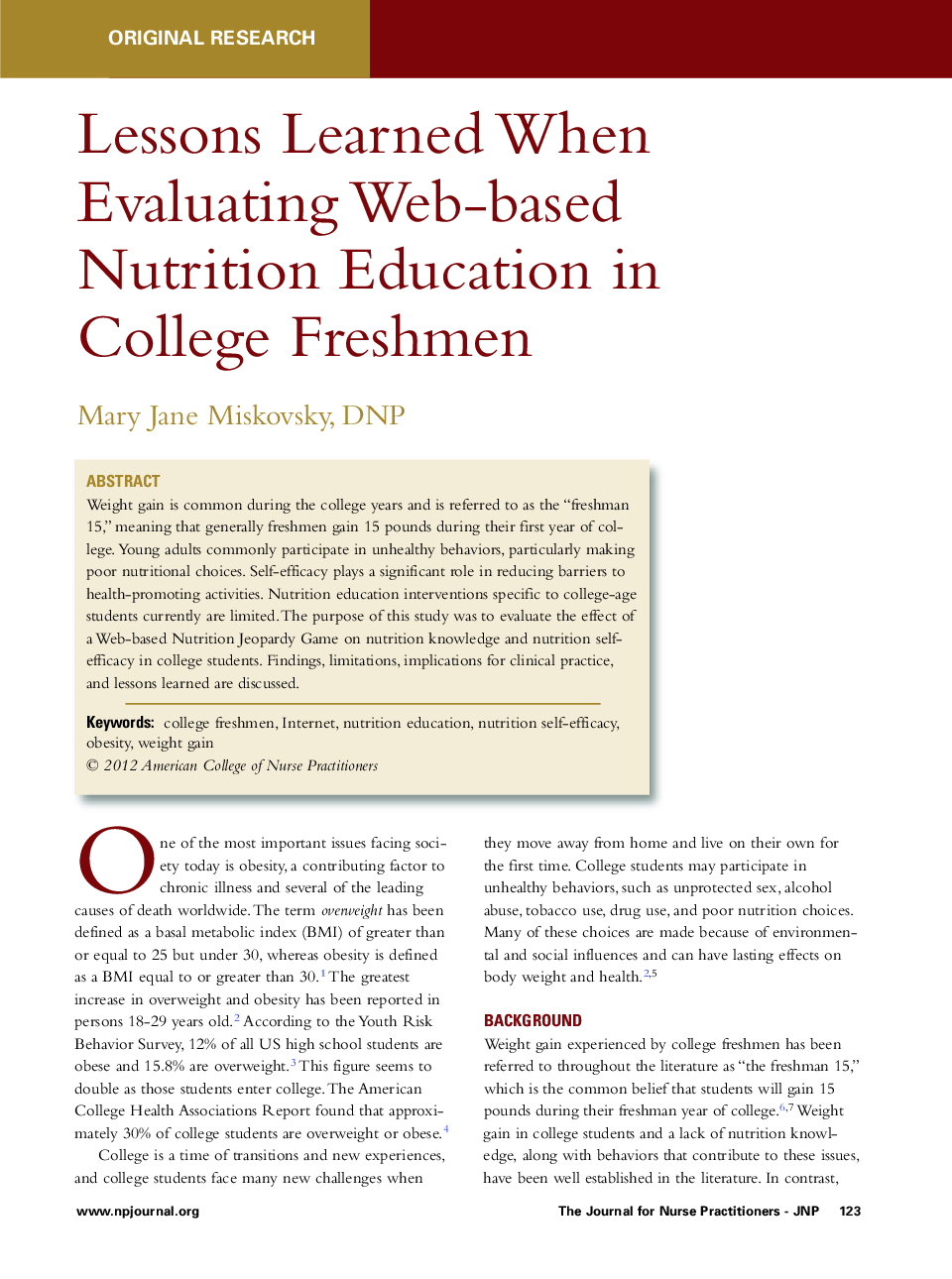 Lessons Learned When Evaluating Web-based Nutrition Education in College Freshmen 