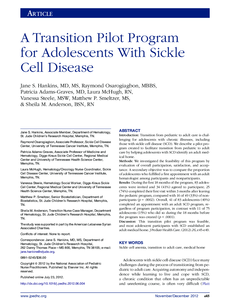 A Transition Pilot Program for Adolescents With Sickle Cell Disease 