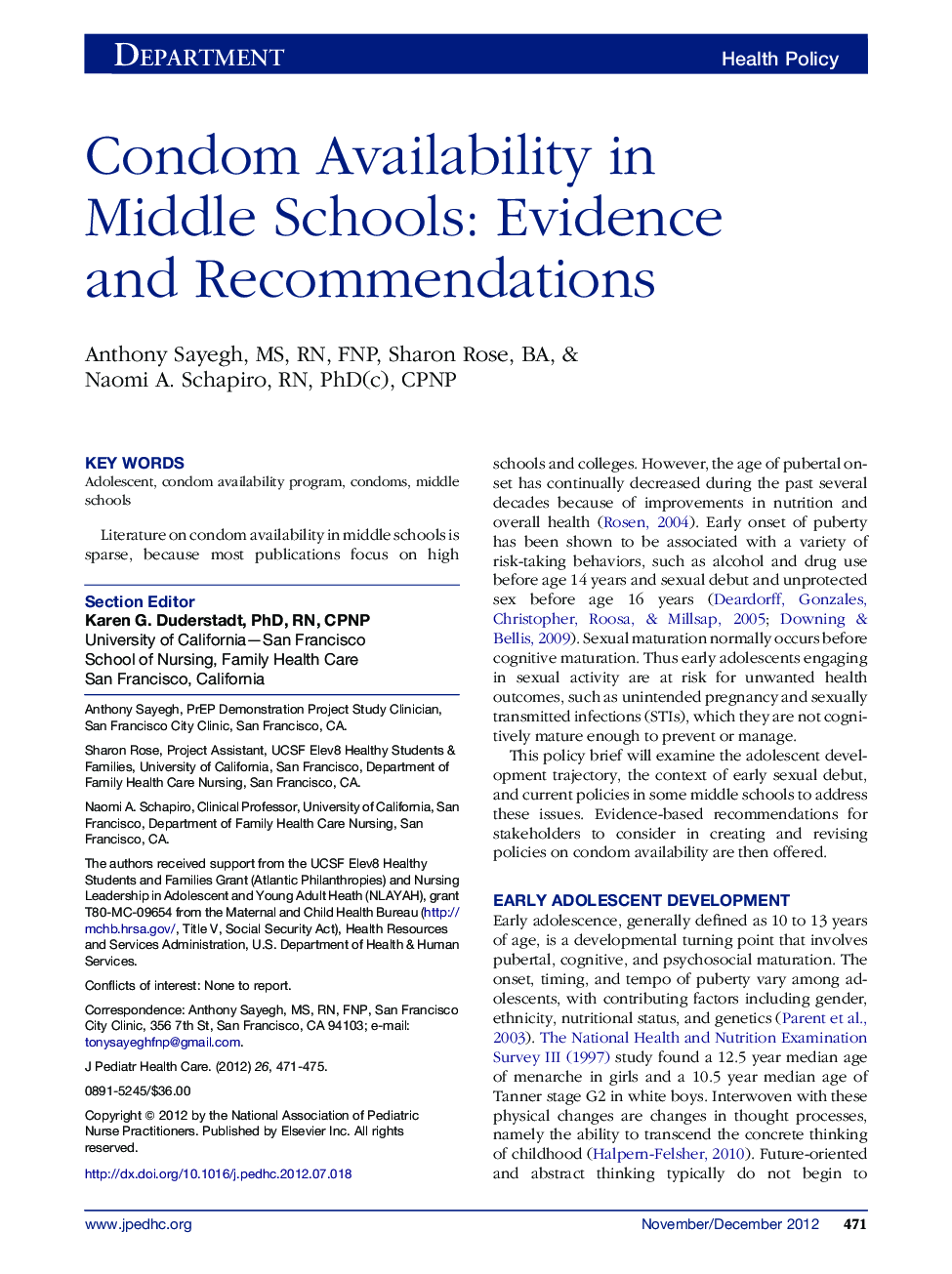 Condom Availability in Middle Schools: Evidence and Recommendations