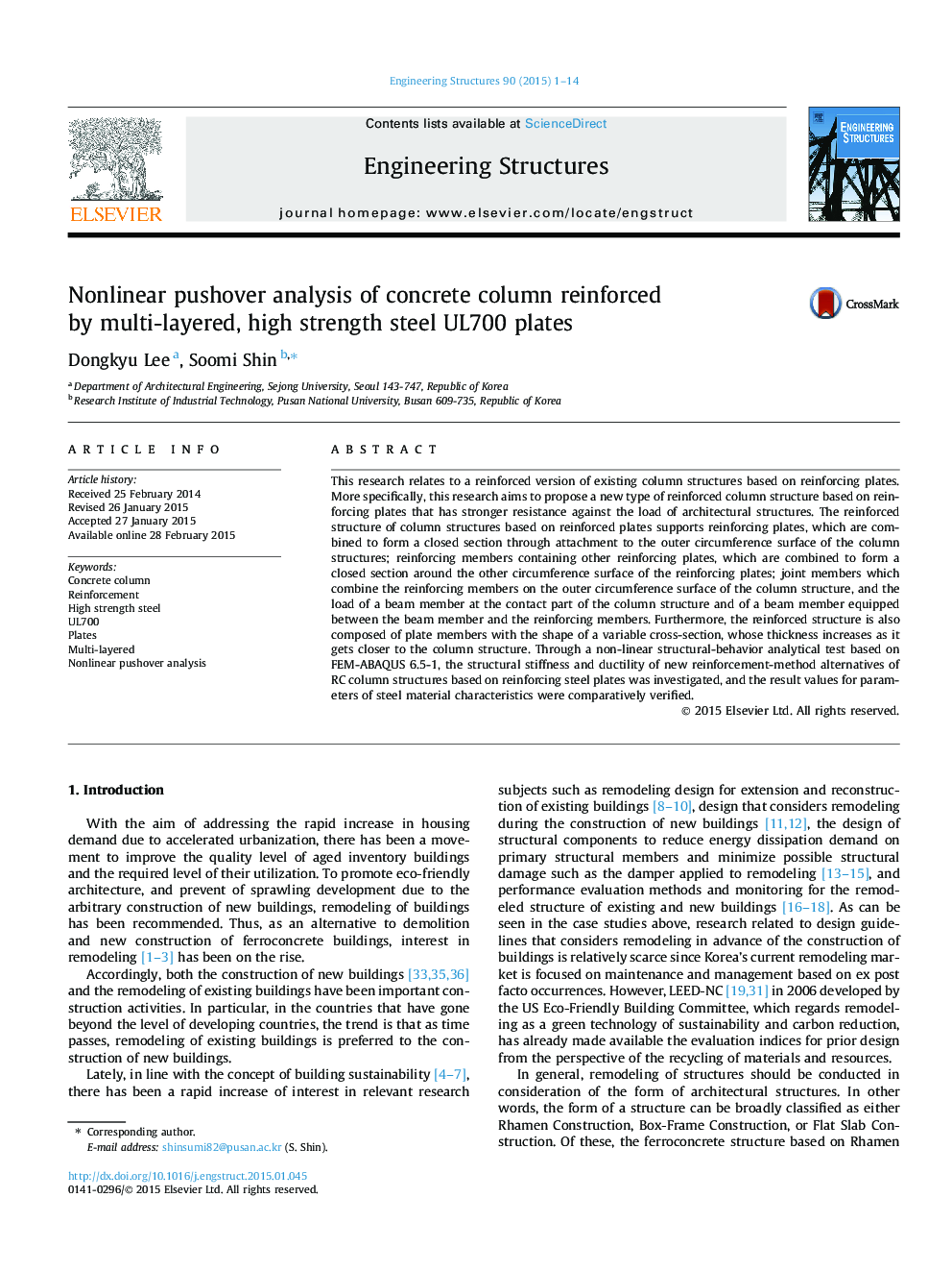 Nonlinear pushover analysis of concrete column reinforced by multi-layered, high strength steel UL700 plates