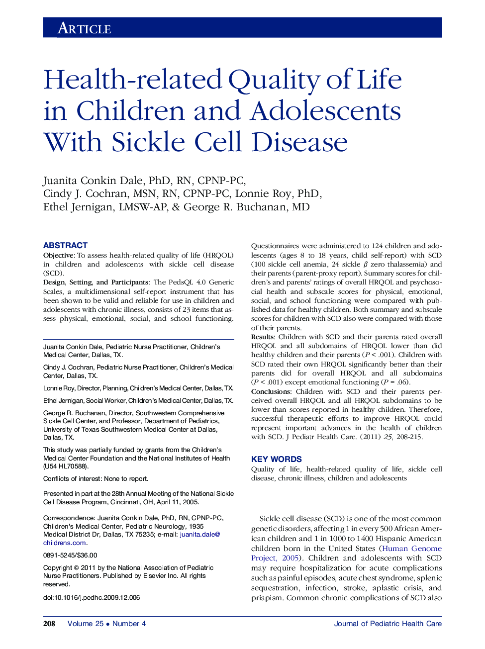 Health-related Quality of Life in Children and Adolescents With Sickle Cell Disease 