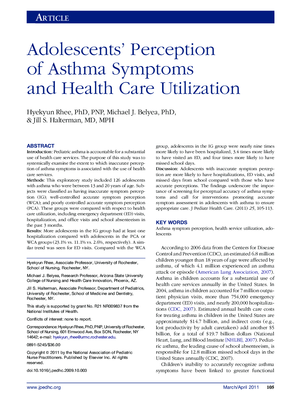 Adolescents' Perception of Asthma Symptoms and Health Care Utilization 