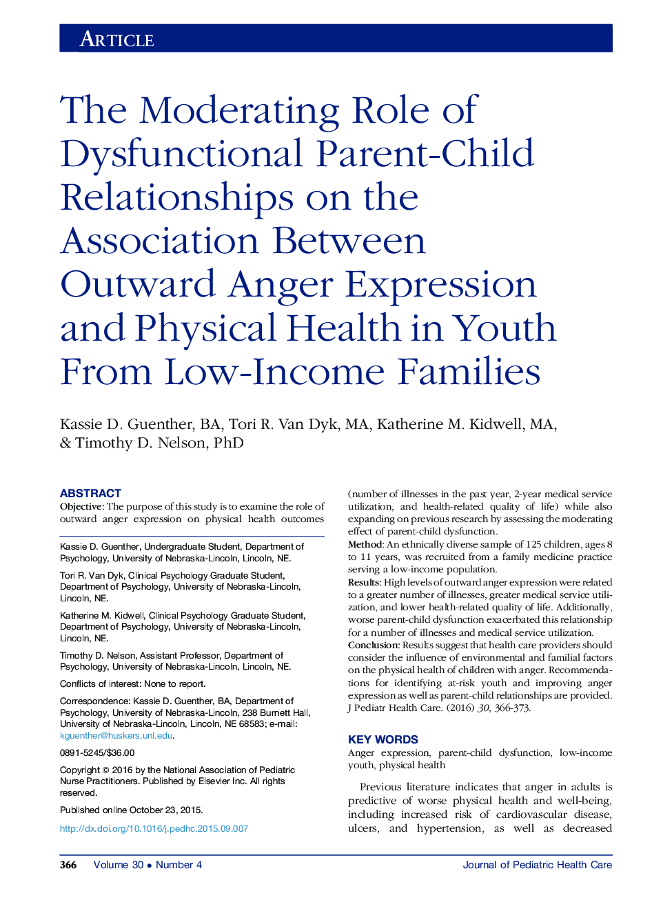 The Moderating Role of Dysfunctional Parent-Child Relationships on the Association Between Outward Anger Expression and Physical Health in Youth From Low-Income Families 