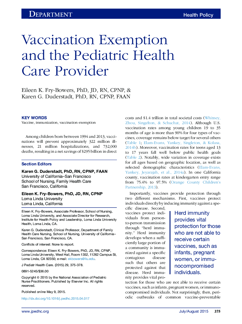 Vaccination Exemption and the Pediatric Health Care Provider