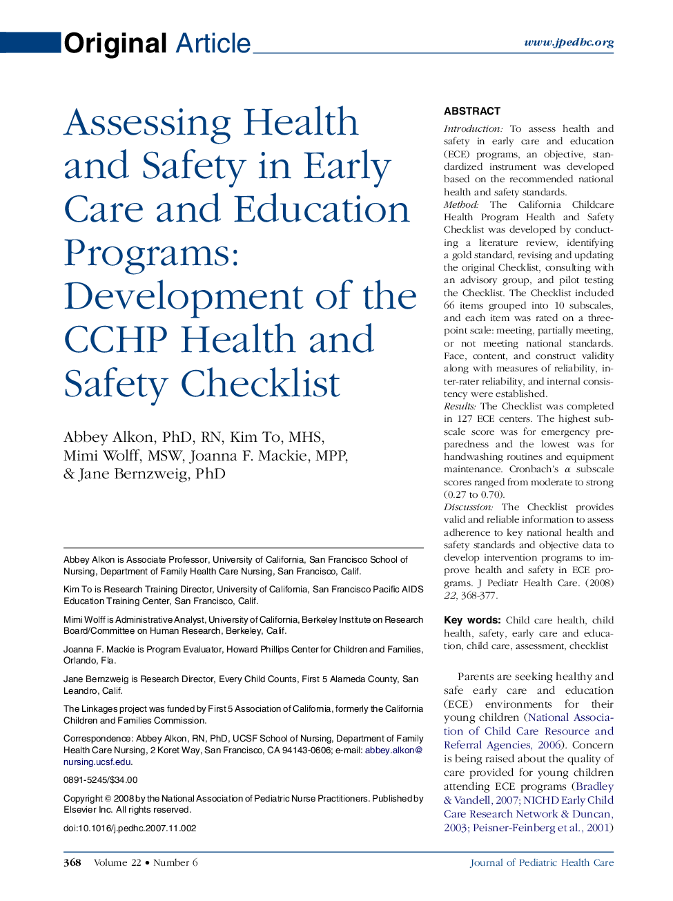 Assessing Health and Safety in Early Care and Education Programs: Development of the CCHP Health and Safety Checklist 