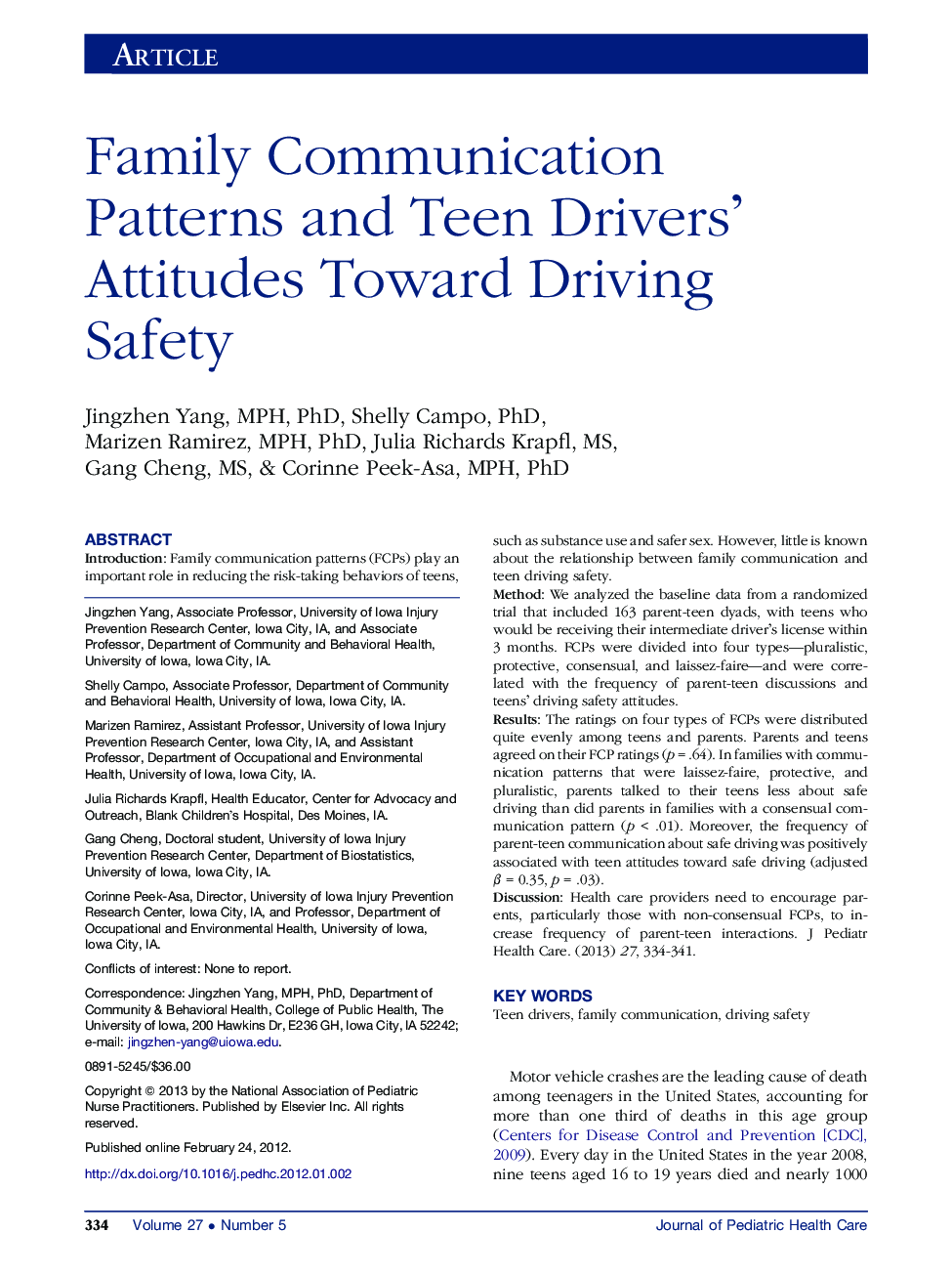 Family Communication Patterns and Teen Drivers’ Attitudes Toward Driving Safety 