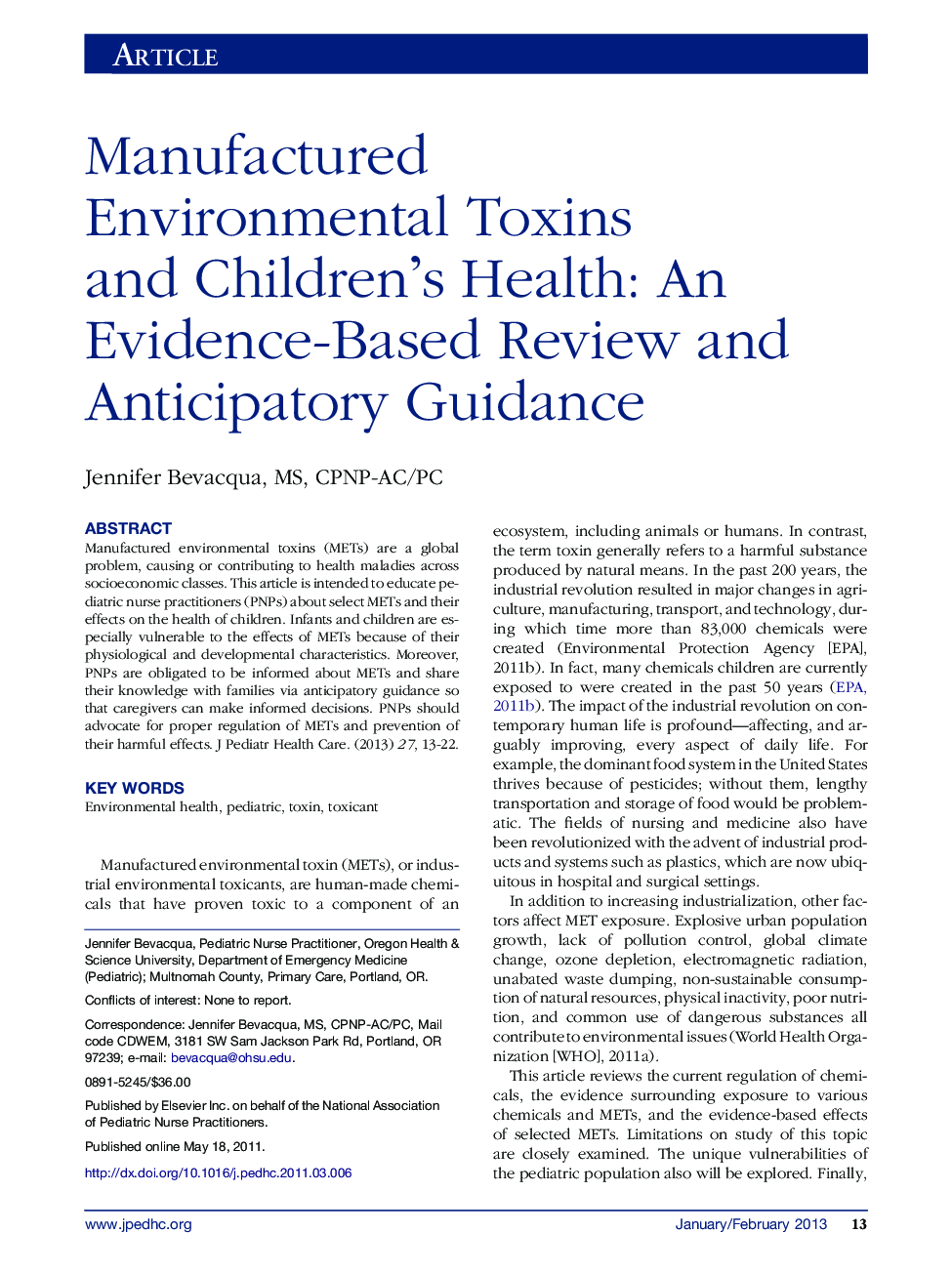 Manufactured Environmental Toxins and Children’s Health: An Evidence-Based Review and Anticipatory Guidance 