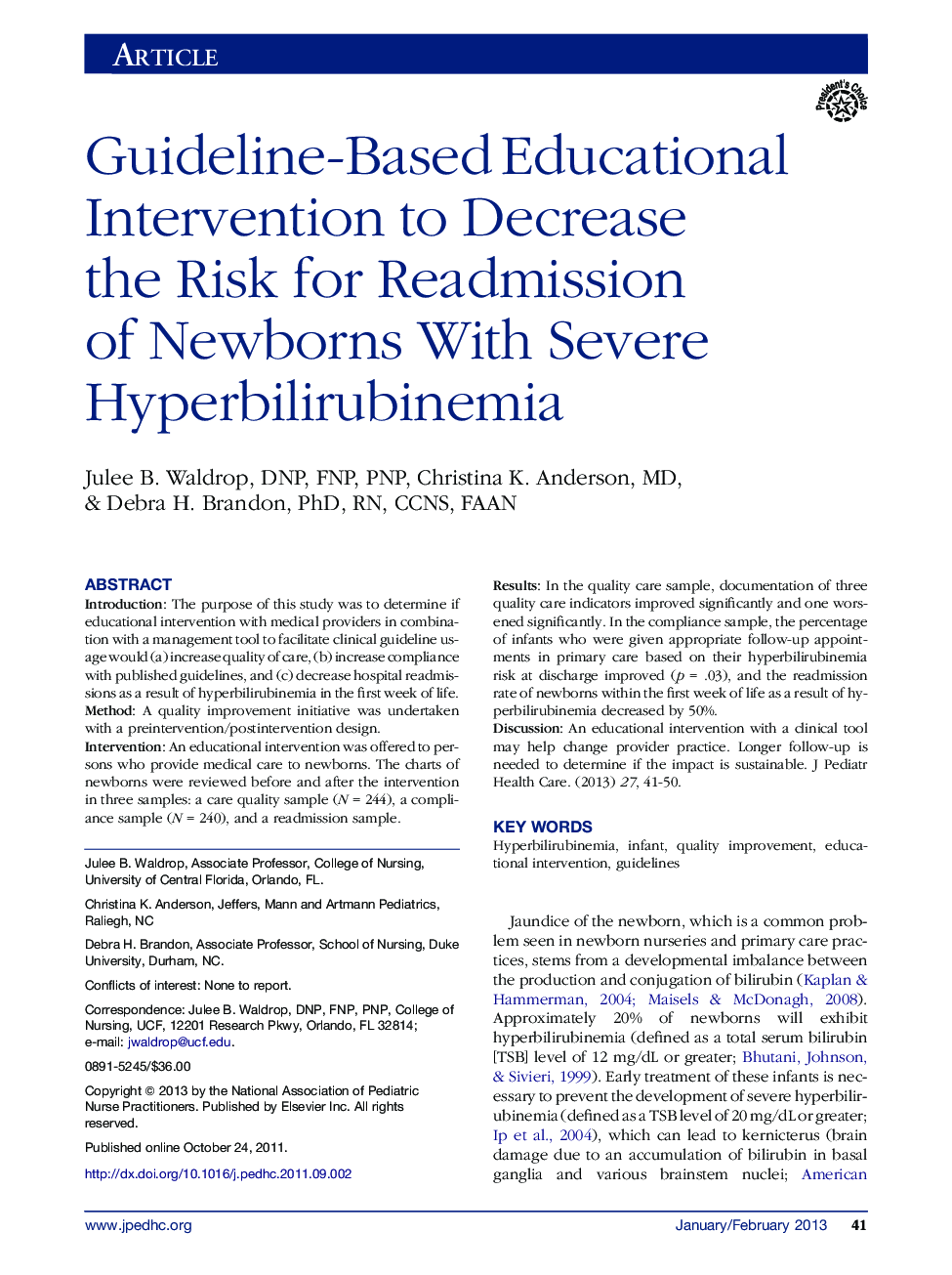 Guideline-Based Educational Intervention to Decrease the Risk for Readmission of Newborns With Severe Hyperbilirubinemia 