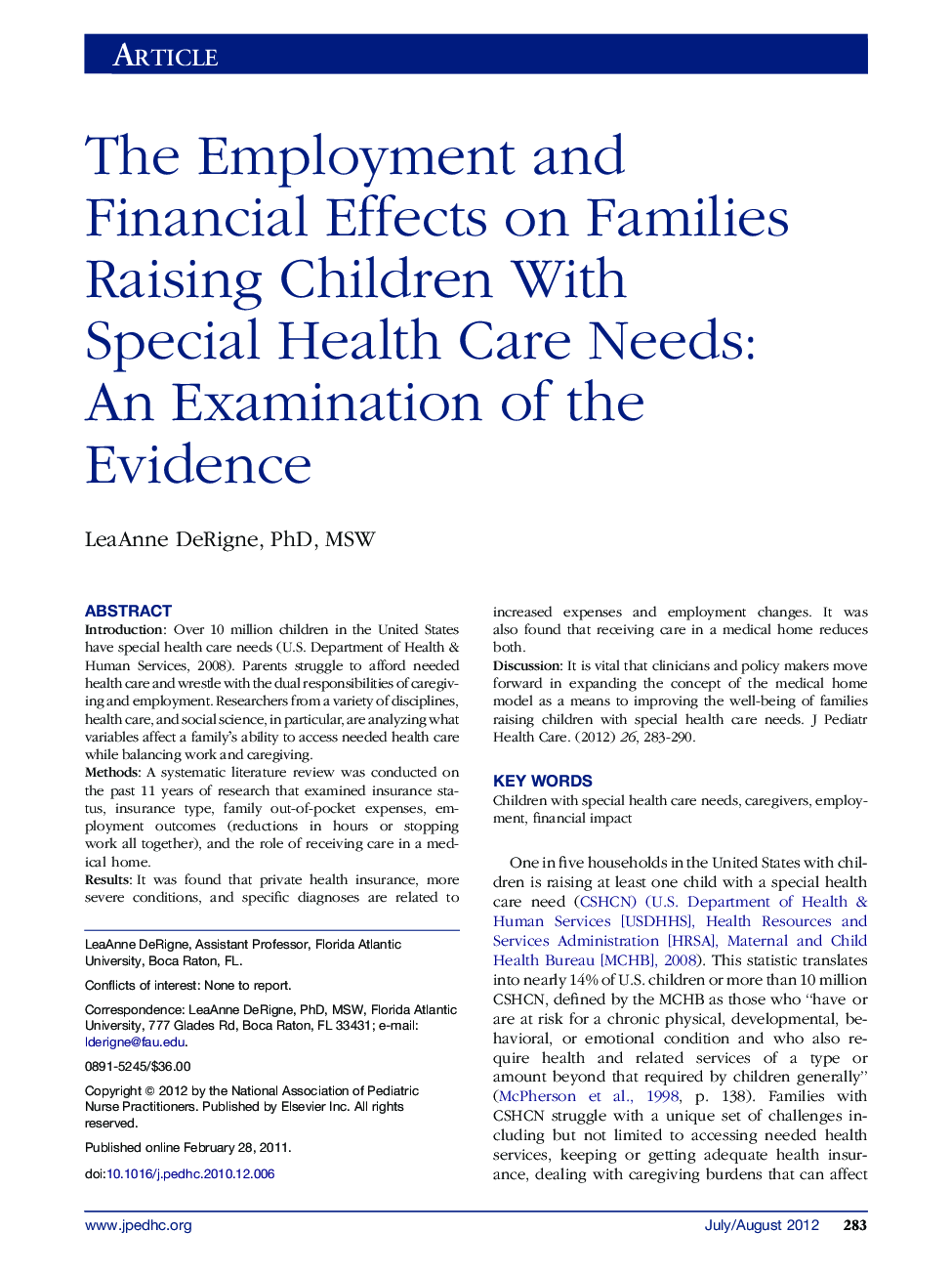 The Employment and Financial Effects on Families Raising Children With Special Health Care Needs: An Examination of the Evidence 