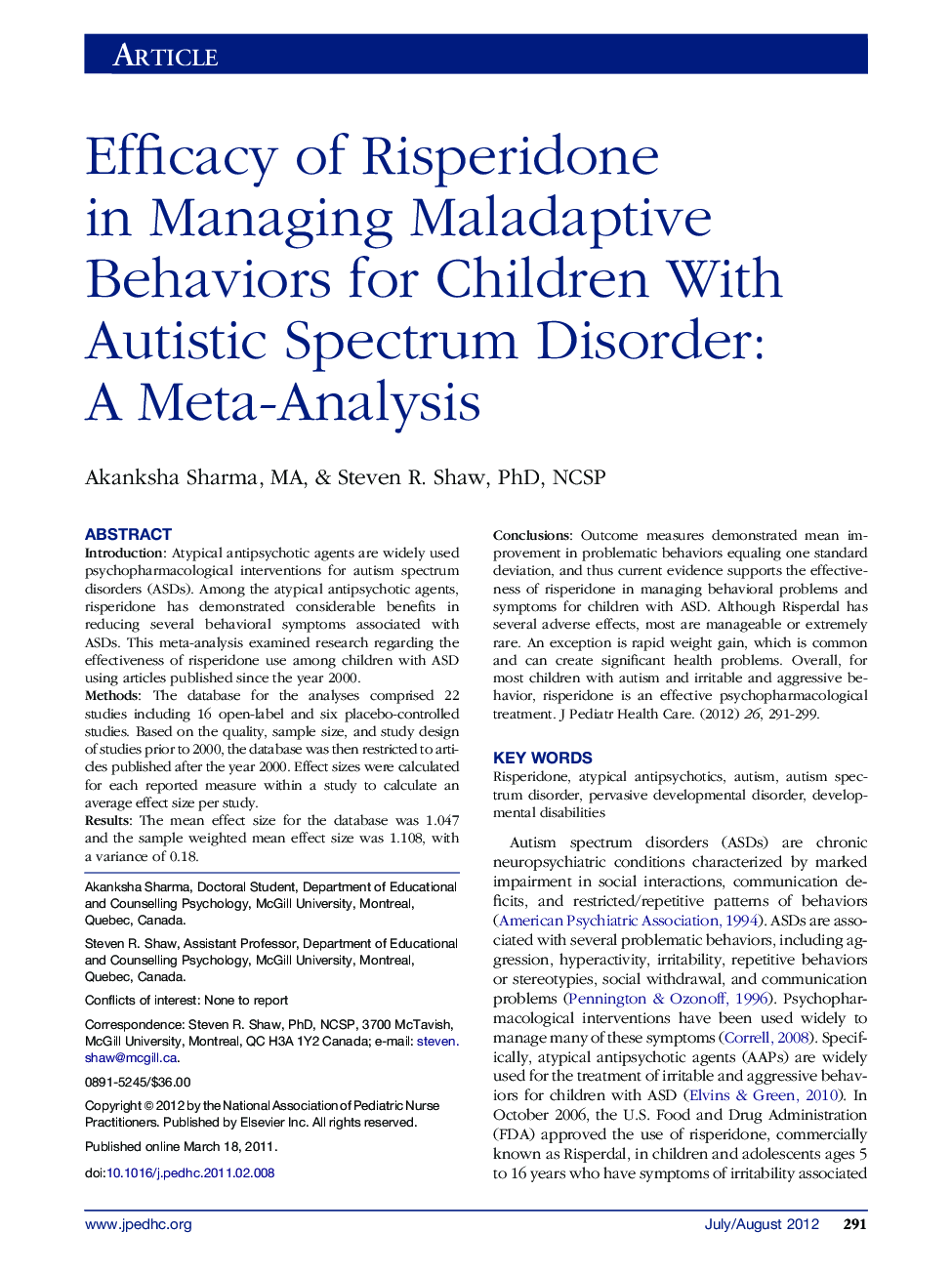 Efficacy of Risperidone in Managing Maladaptive Behaviors for Children With Autistic Spectrum Disorder: A Meta-Analysis 