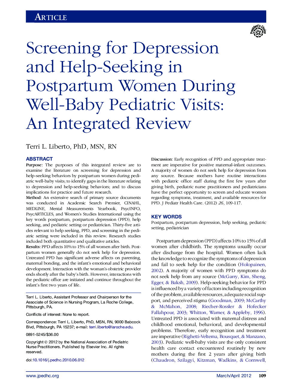 Screening for Depression and Help-Seeking in Postpartum Women During Well-Baby Pediatric Visits: An Integrated Review 