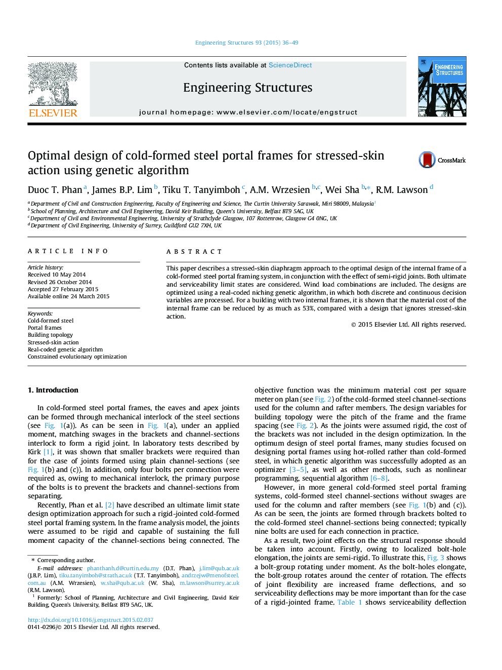 Optimal design of cold-formed steel portal frames for stressed-skin action using genetic algorithm