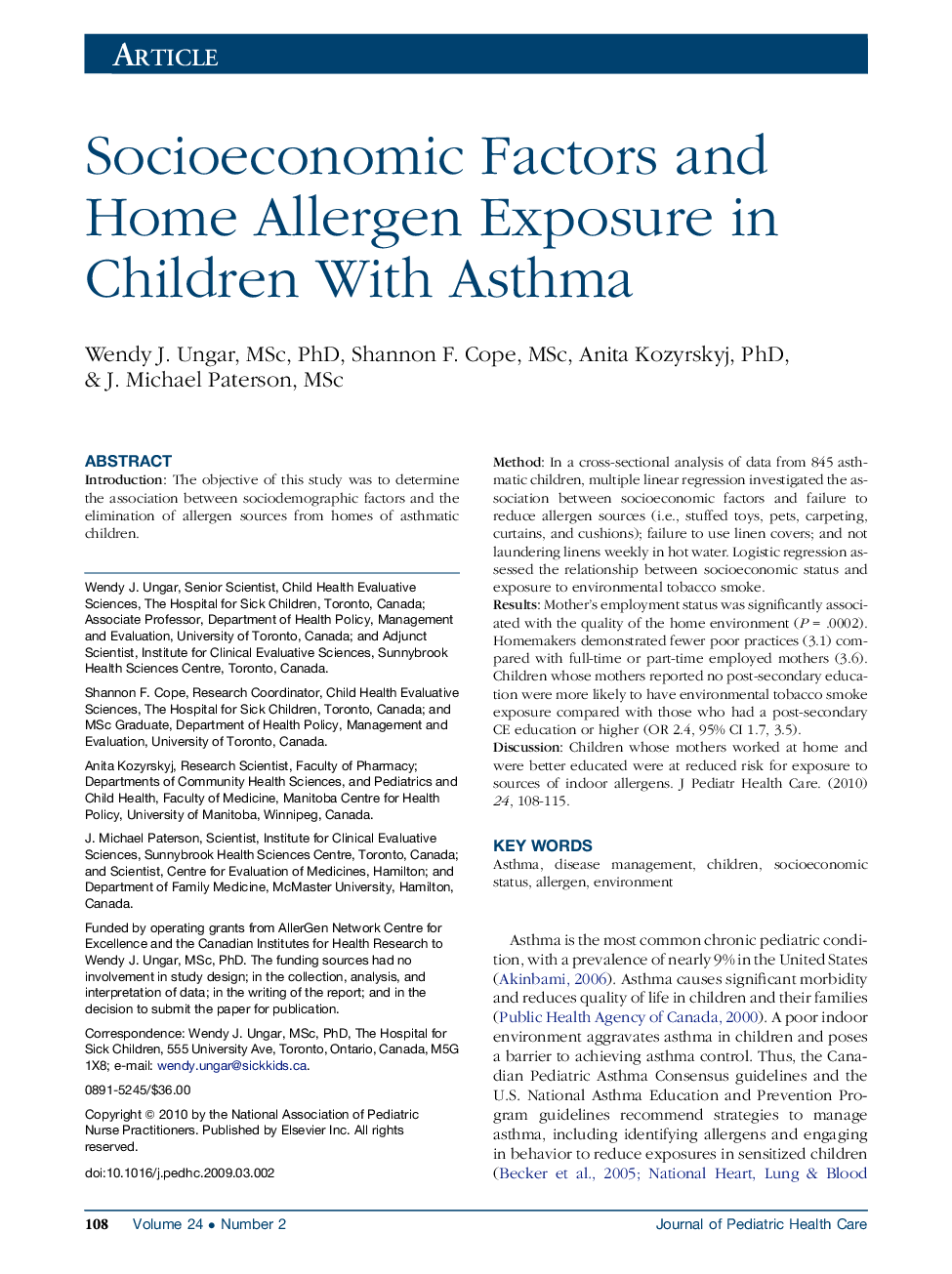 Socioeconomic Factors and Home Allergen Exposure in Children With Asthma 