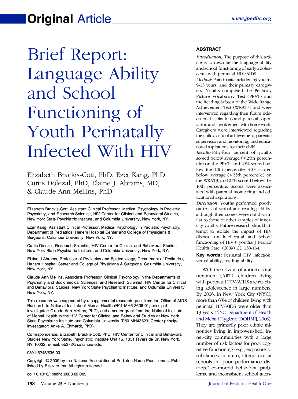 Brief Report: Language Ability and School Functioning of Youth Perinatally Infected With HIV 