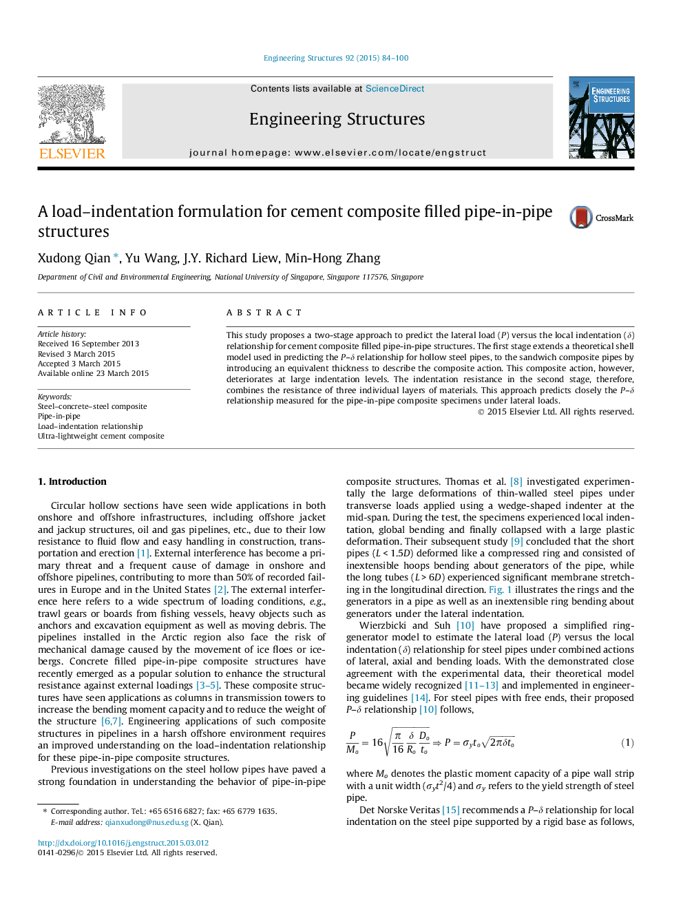 A load–indentation formulation for cement composite filled pipe-in-pipe structures