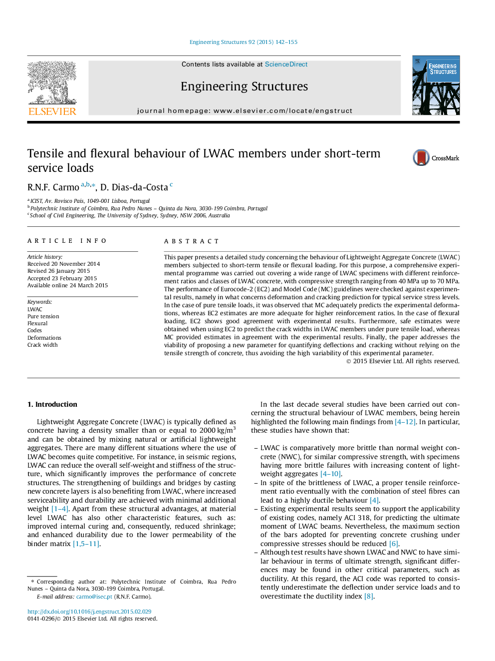 Tensile and flexural behaviour of LWAC members under short-term service loads