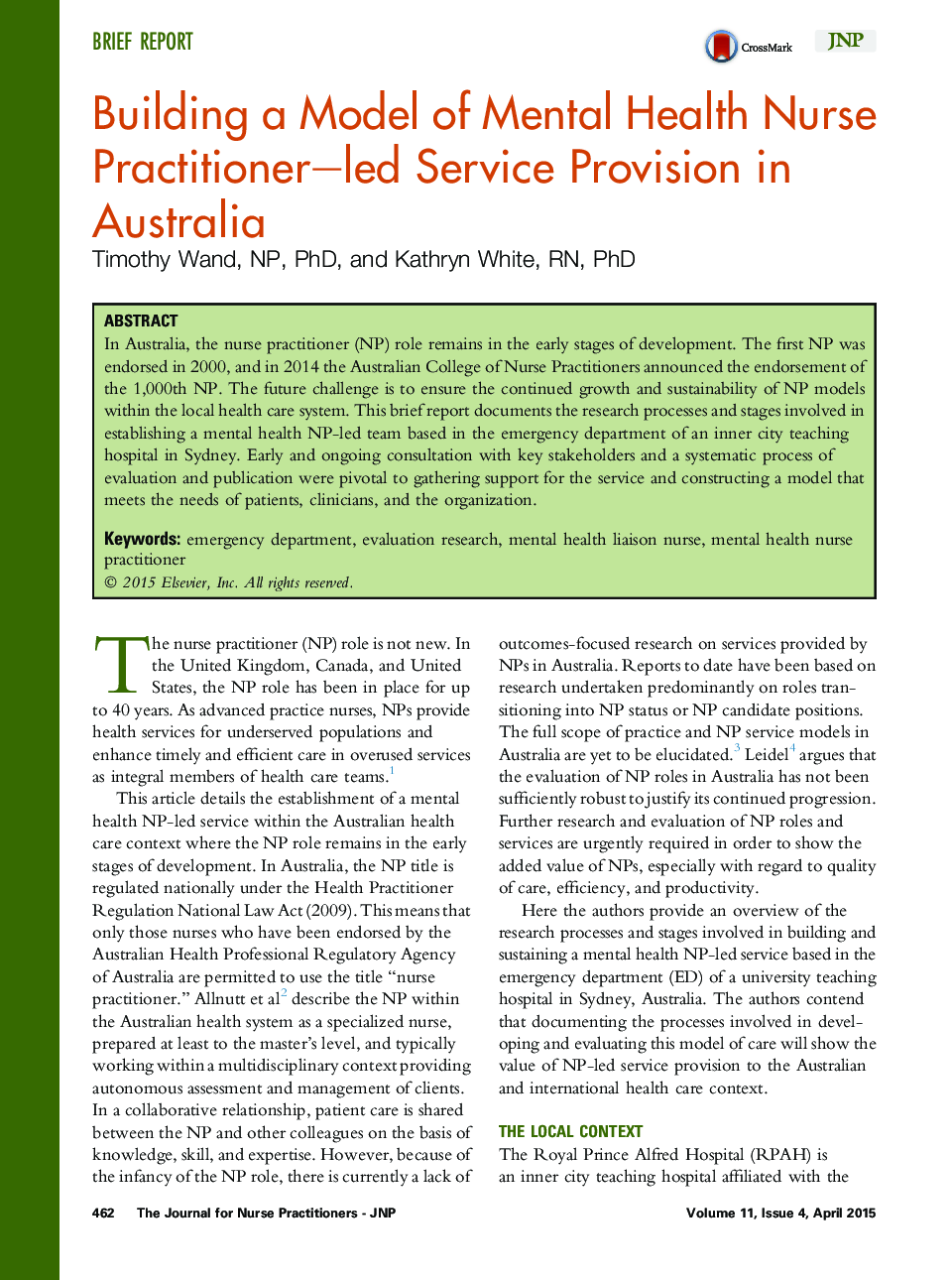 Building a Model of Mental Health Nurse Practitioner–led Service Provision in Australia 