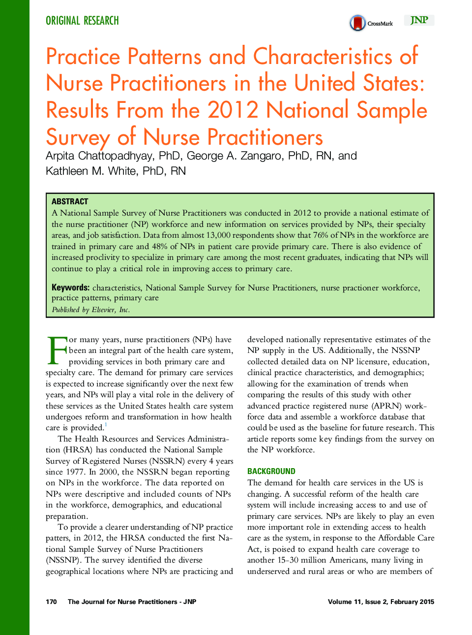 الگوهای تمرینی و خصوصیات تمرینکنندگان پرستار در ایالات متحده: نتایج حاصل از بررسی ملی نمونه سال 2012 پزشکان پرستار 