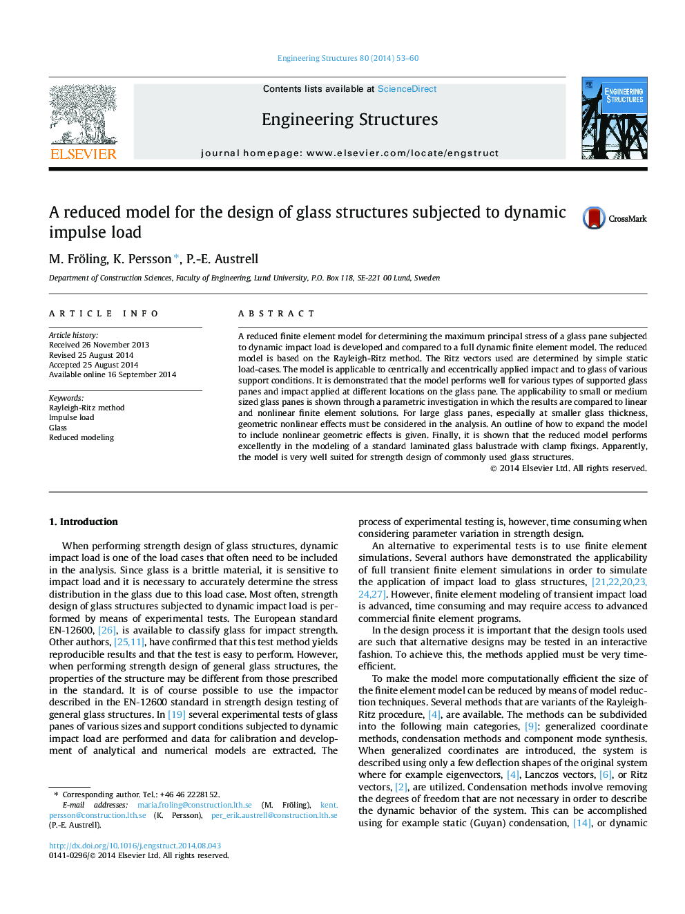 A reduced model for the design of glass structures subjected to dynamic impulse load