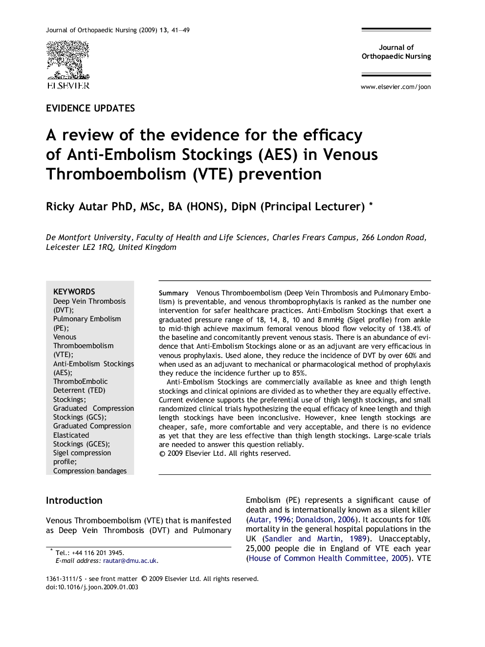 A review of the evidence for the efficacy of Anti-Embolism Stockings (AES) in Venous Thromboembolism (VTE) prevention