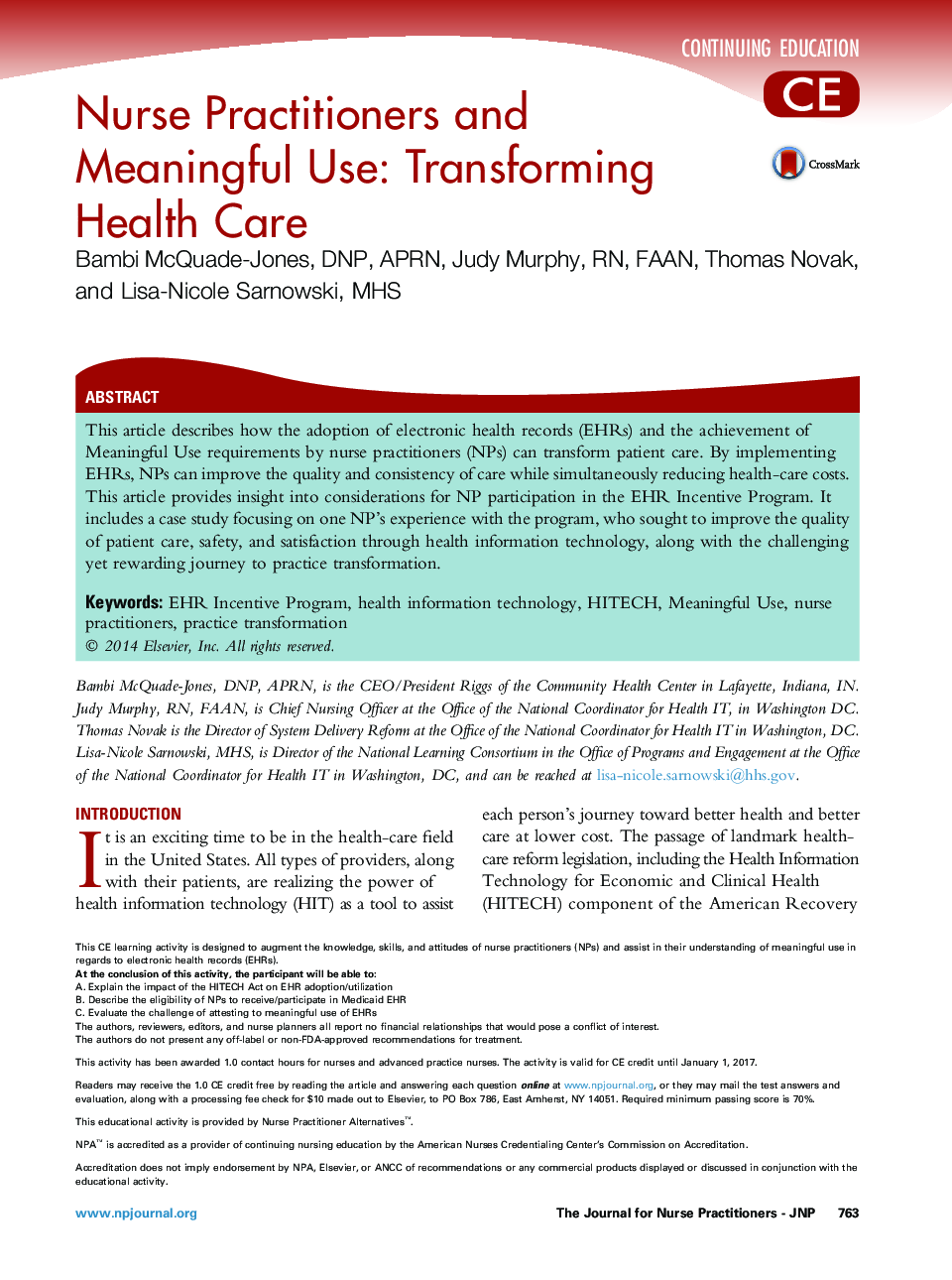 Nurse Practitioners and Meaningful Use: Transforming Health Care