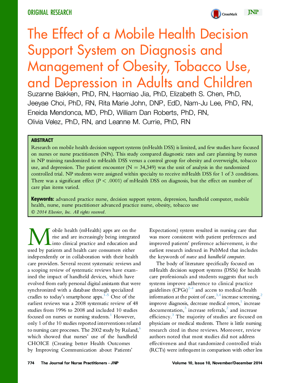 The Effect of a Mobile Health Decision Support System on Diagnosis and Management of Obesity, Tobacco Use, and Depression in Adults and Children 