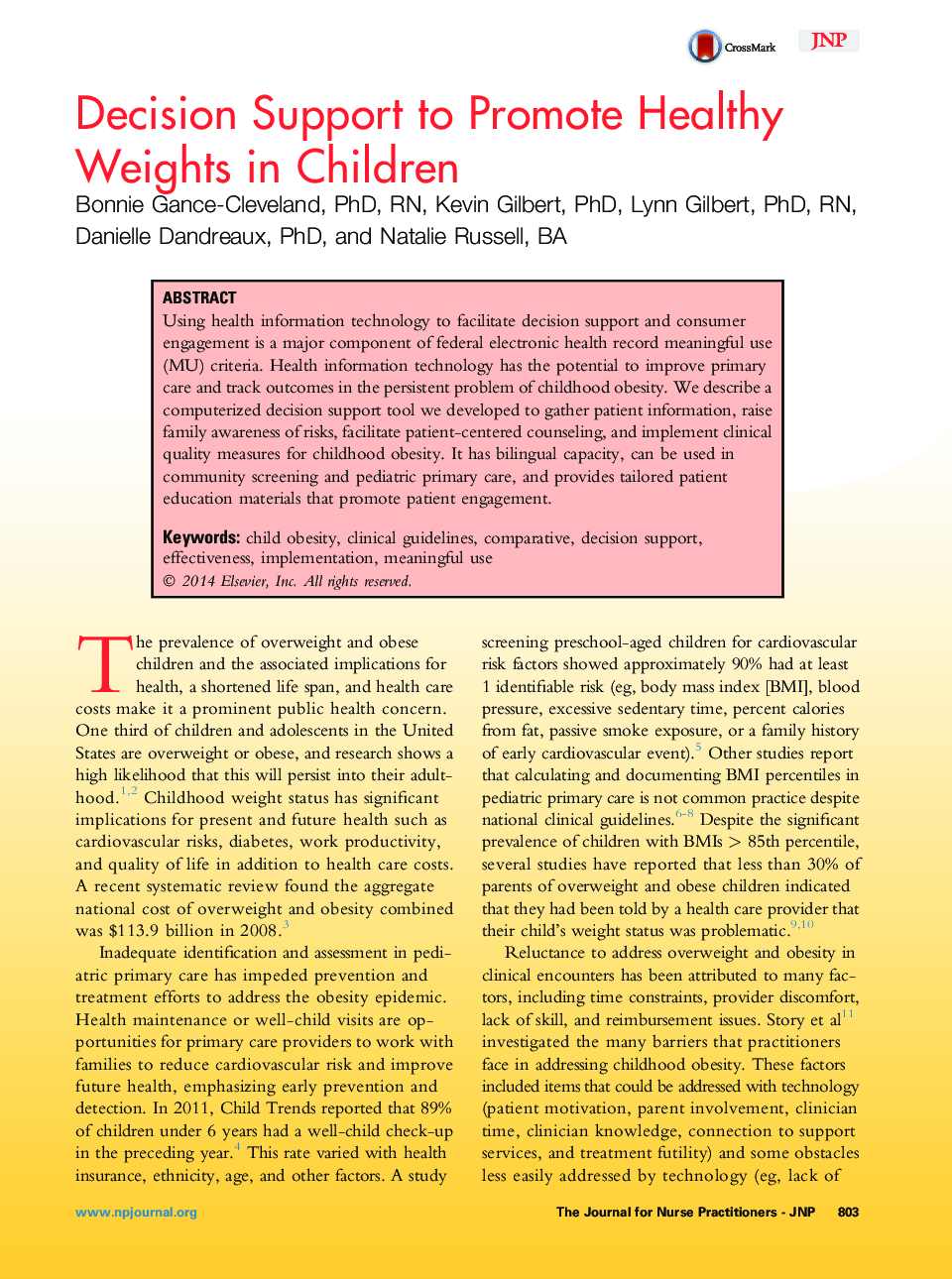 Decision Support to Promote Healthy Weights in Children 