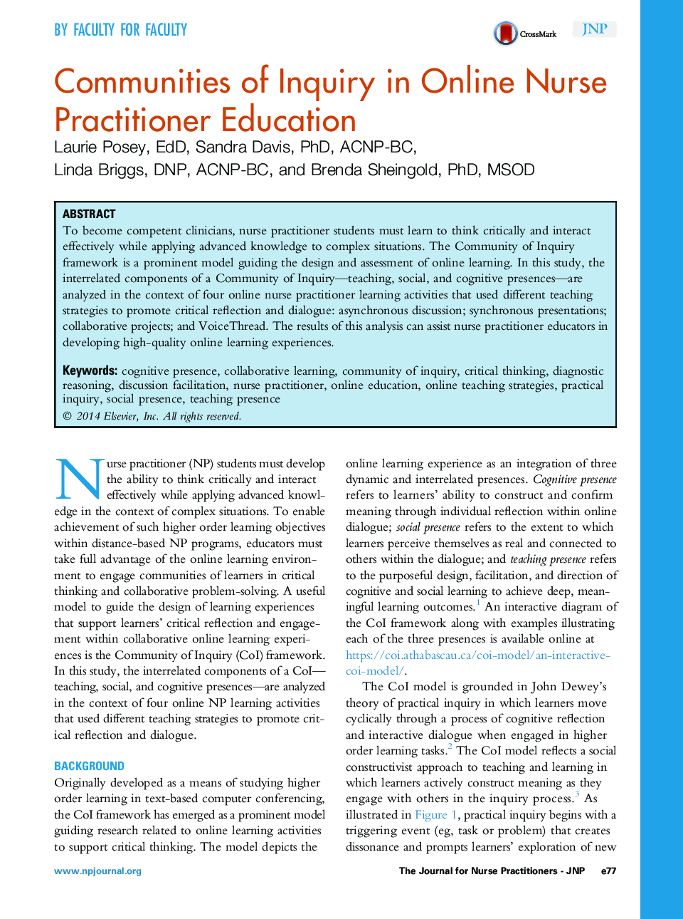 Communities of Inquiry in Online Nurse Practitioner Education 