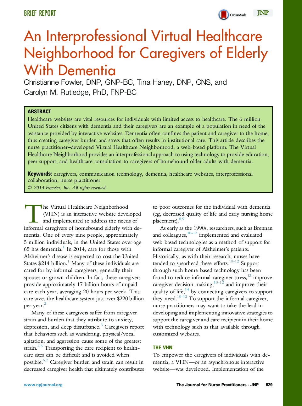 An Interprofessional Virtual Healthcare Neighborhood for Caregivers of Elderly With Dementia 