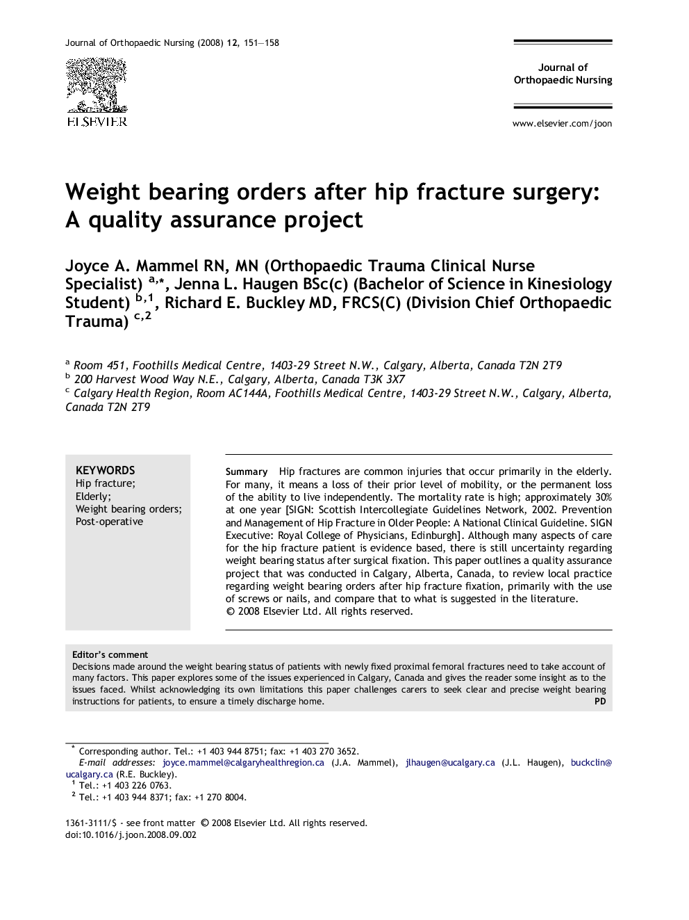 Weight bearing orders after hip fracture surgery: A quality assurance project