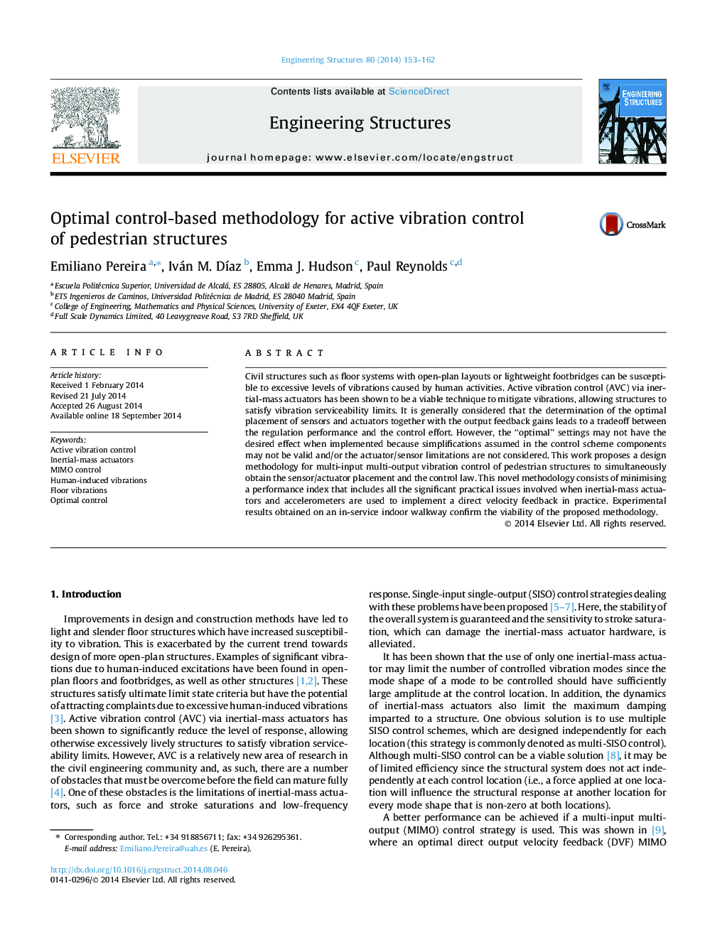 Optimal control-based methodology for active vibration control of pedestrian structures