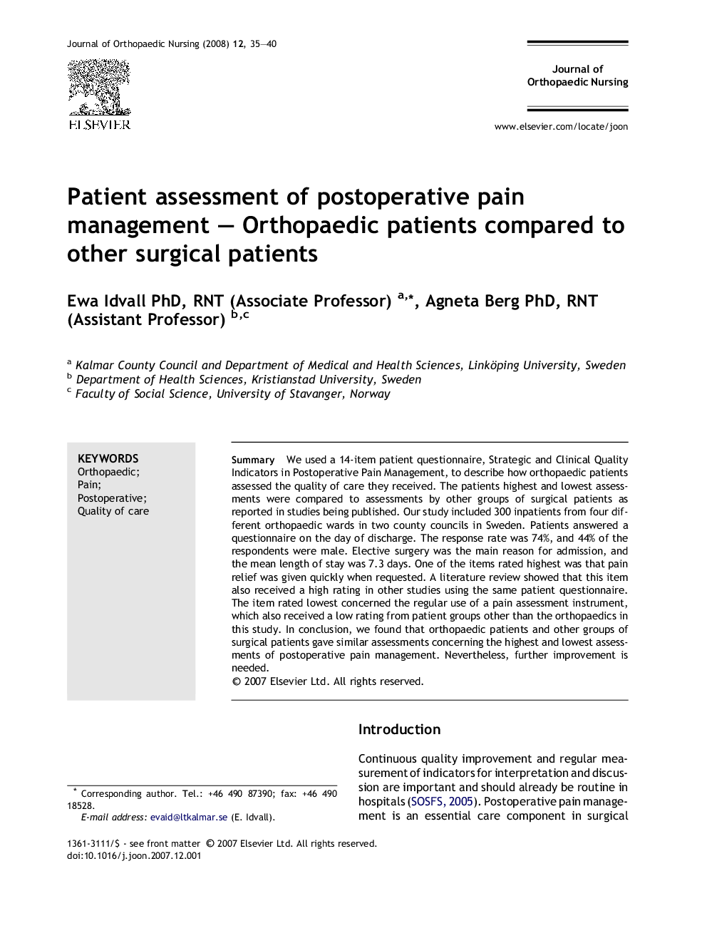 Patient assessment of postoperative pain management – Orthopaedic patients compared to other surgical patients