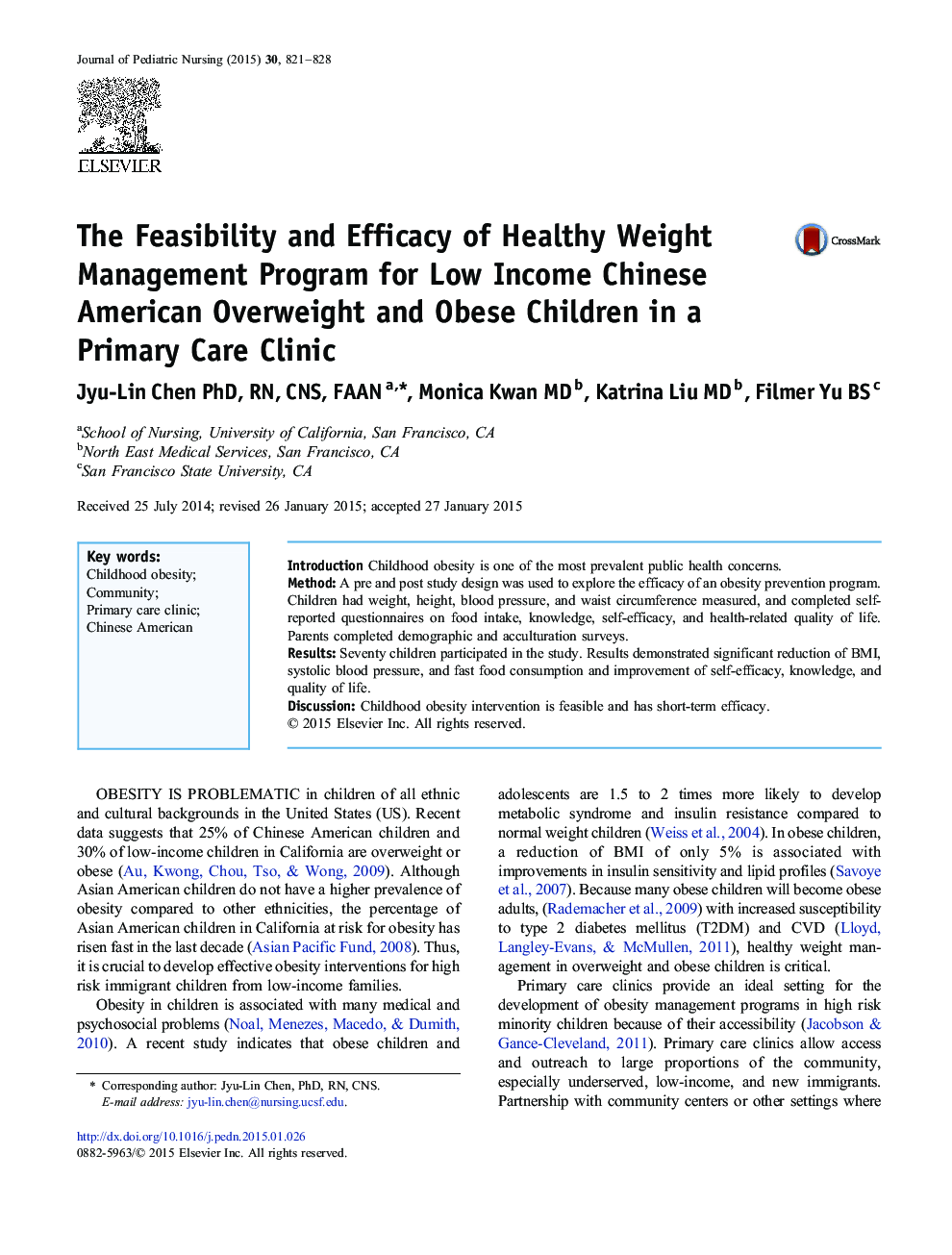The Feasibility and Efficacy of Healthy Weight Management Program for Low Income Chinese American Overweight and Obese Children in a Primary Care Clinic