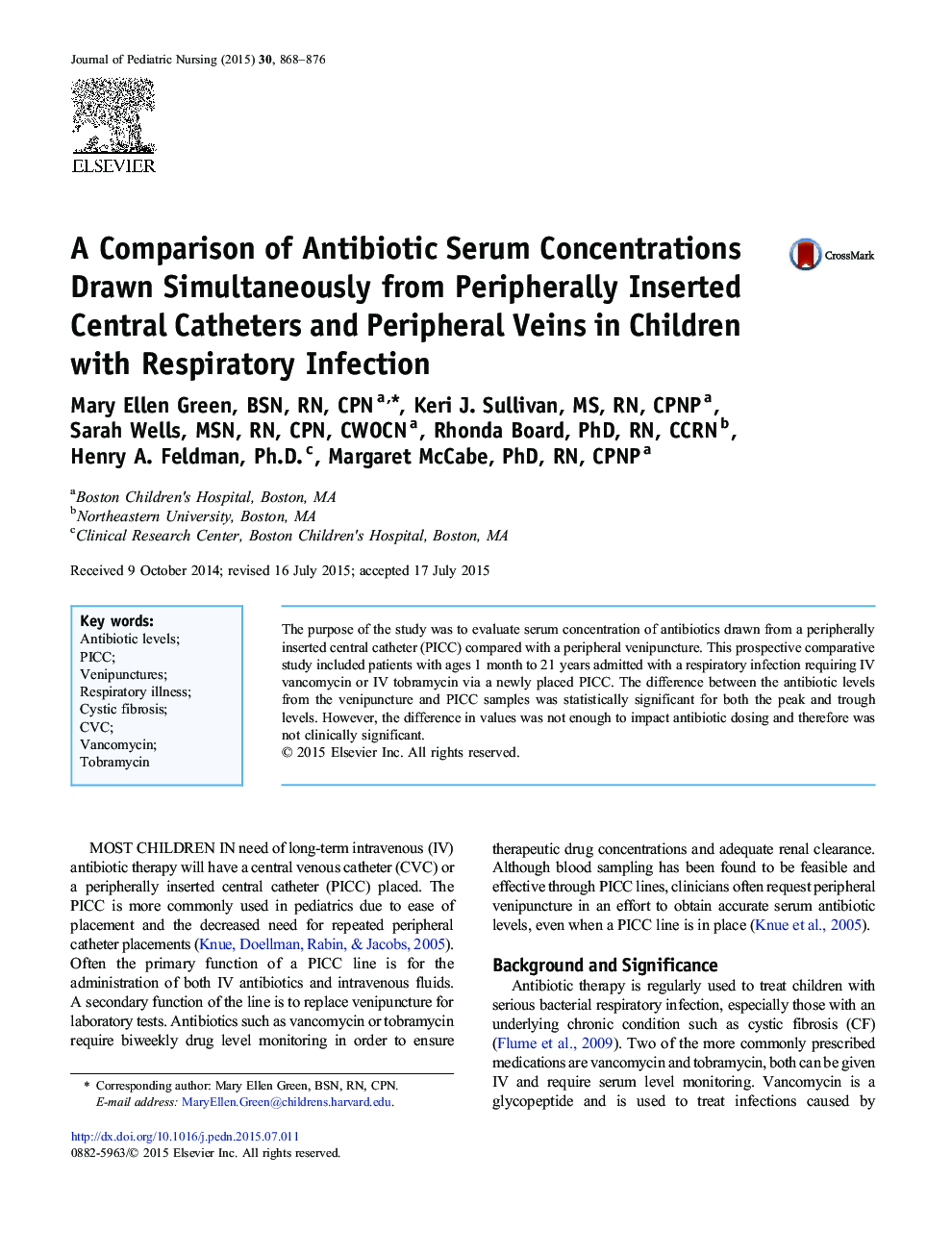 A Comparison of Antibiotic Serum Concentrations Drawn Simultaneously from Peripherally Inserted Central Catheters and Peripheral Veins in Children with Respiratory Infection