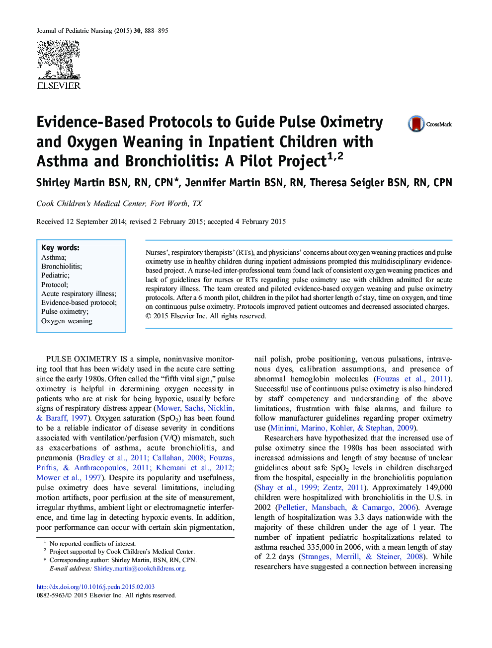Evidence-Based Protocols to Guide Pulse Oximetry and Oxygen Weaning in Inpatient Children with Asthma and Bronchiolitis: A Pilot Project 12
