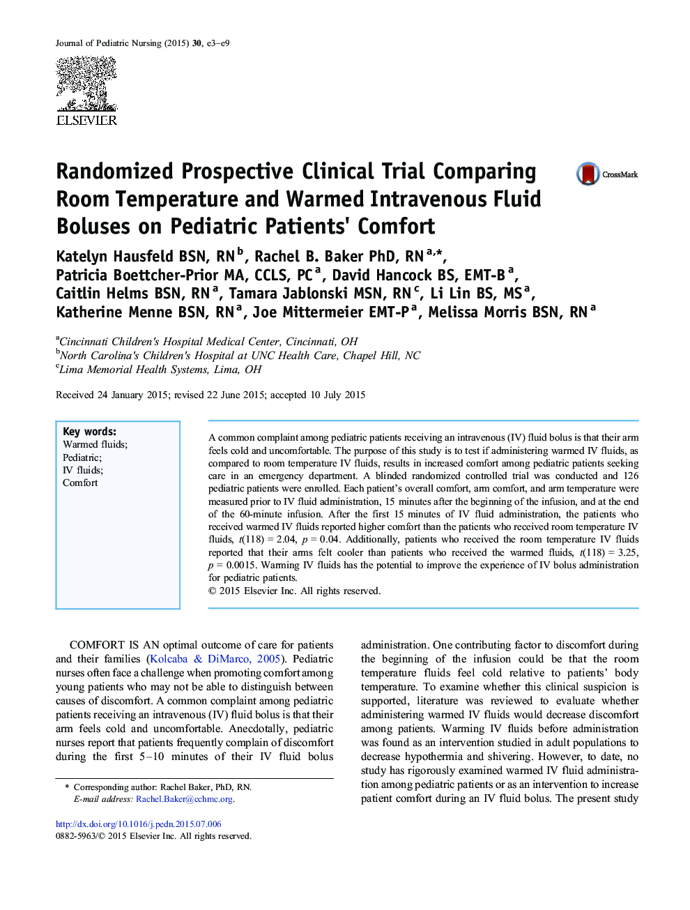 Randomized Prospective Clinical Trial Comparing Room Temperature and Warmed Intravenous Fluid Boluses on Pediatric Patients' Comfort