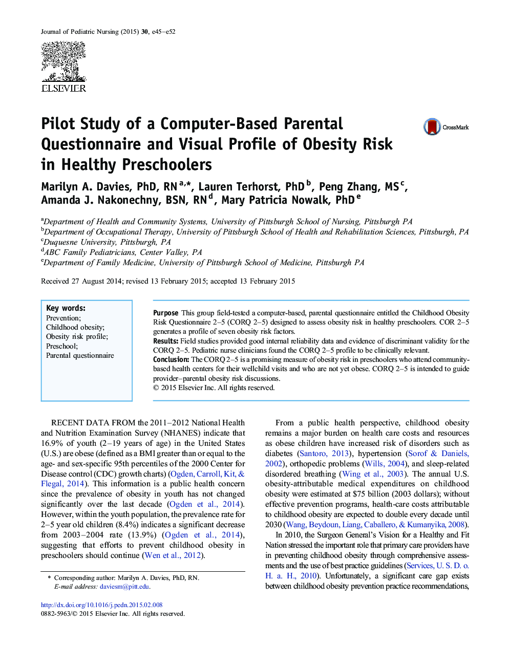 Pilot Study of a Computer-Based Parental Questionnaire and Visual Profile of Obesity Risk in Healthy Preschoolers