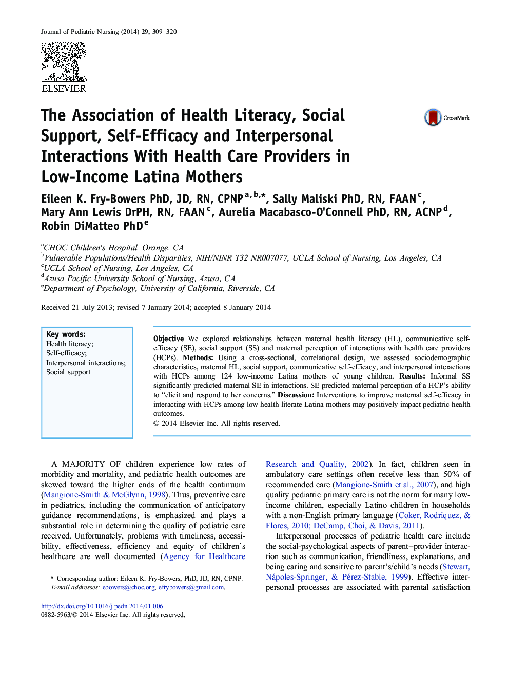 The Association of Health Literacy, Social Support, Self-Efficacy and Interpersonal Interactions With Health Care Providers in Low-Income Latina Mothers