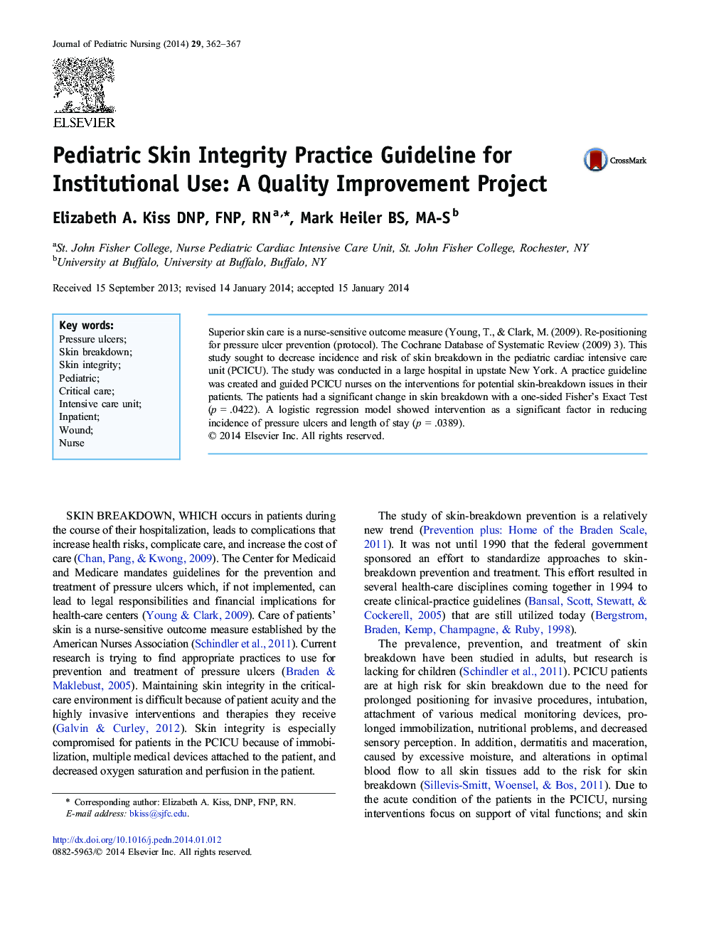 Pediatric Skin Integrity Practice Guideline for Institutional Use: A Quality Improvement Project